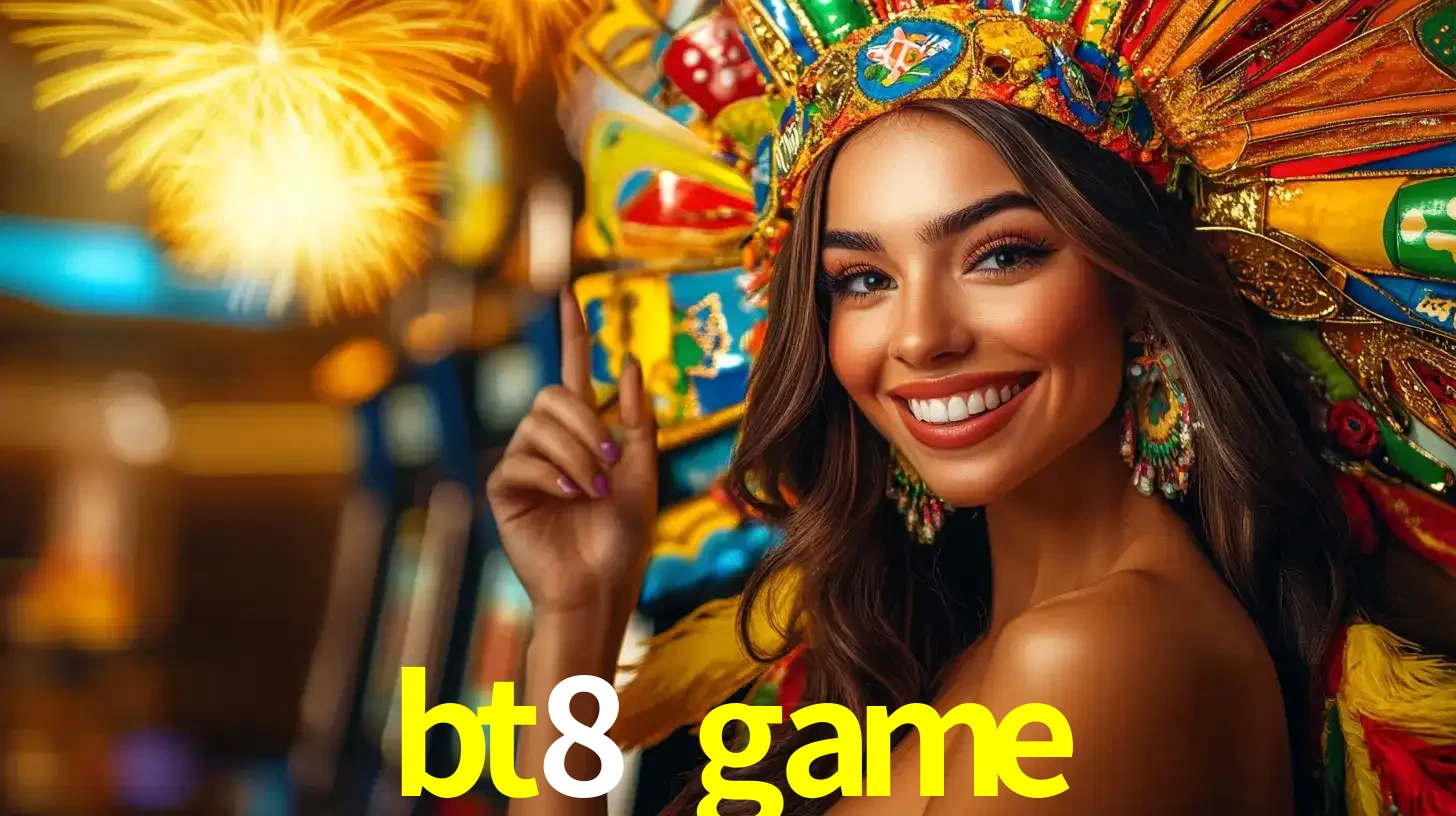 Mulher sorridente com um cocar de carnaval vibrante e colorido, celebrando uma grande vitória nos jogos do cassino bt8 game com fogos de artifício ao fundo.