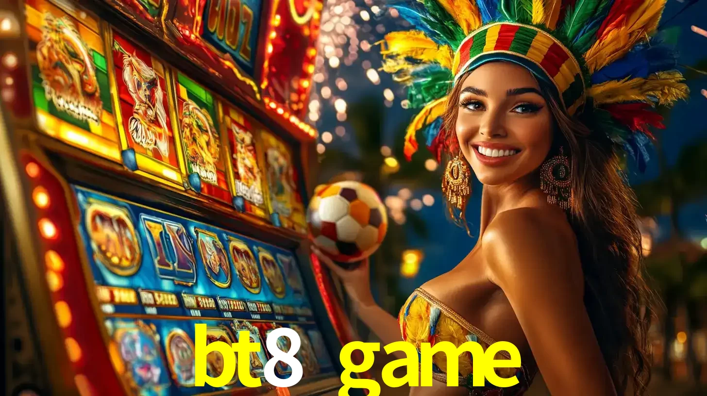 Mulher com um cocar de carnaval ao lado de uma máquina de caça-níqueis enquanto segura uma bola de futebol, mostrando a união da diversão de cassino e esportes no bt8 game.