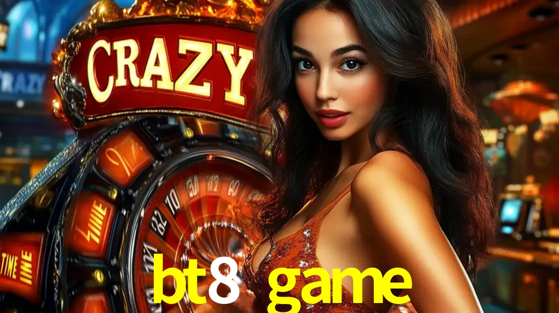 Mulher glamourosa olhando para a câmera com a roda vermelha do Crazy Time ao fundo em um ambiente de cassino, destacando a emoção dos jogos ao vivo no bt8 game.