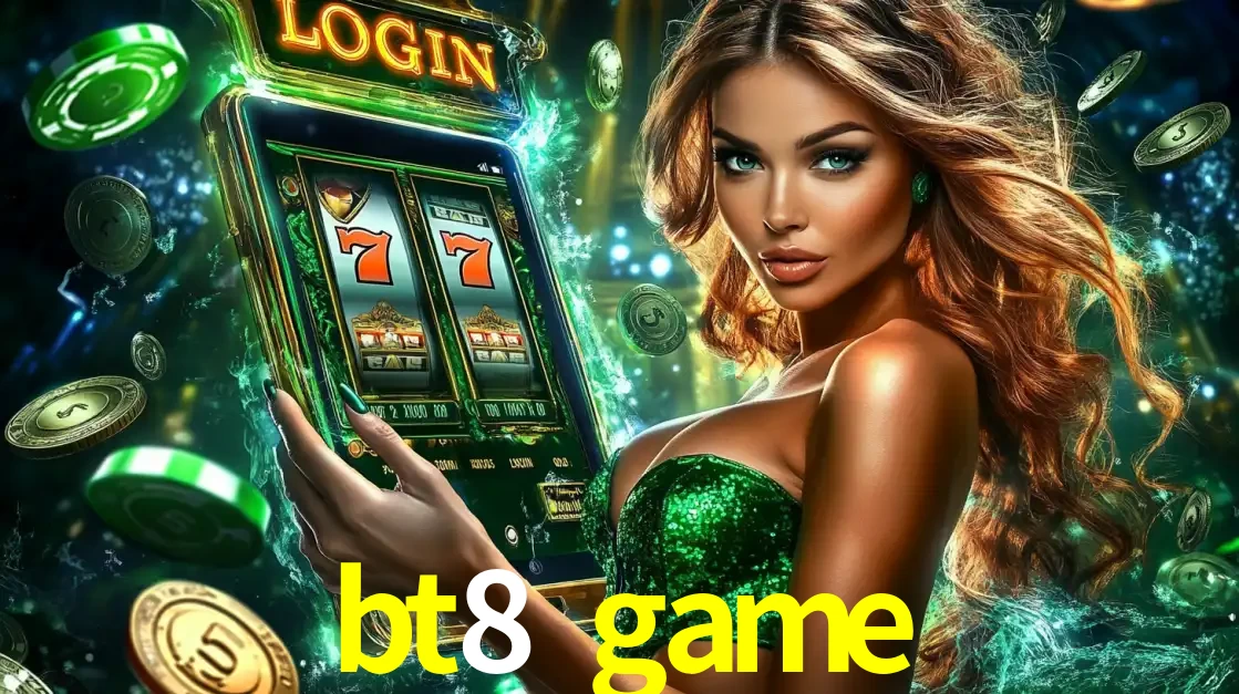 Mulher com tema verde apresentando o aplicativo do cassino bt8 game com um jogo de slot de 777, cercada por fichas de cassino e uma aura de sorte.