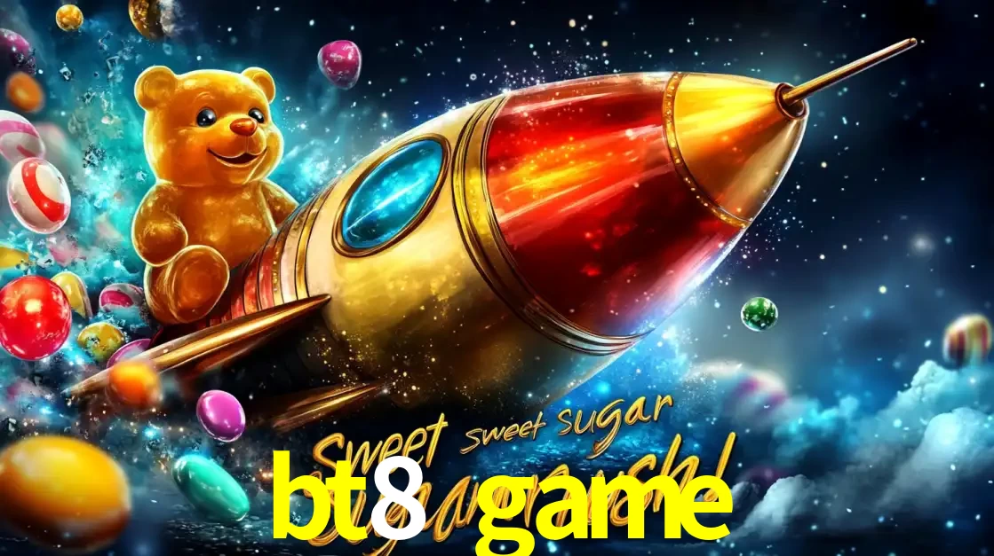 Arte promocional do jogo de slot Sugar Rush, com um urso de pelúcia em um foguete viajando pelo espaço de doces, um dos jogos divertidos disponíveis no cassino bt8 game.