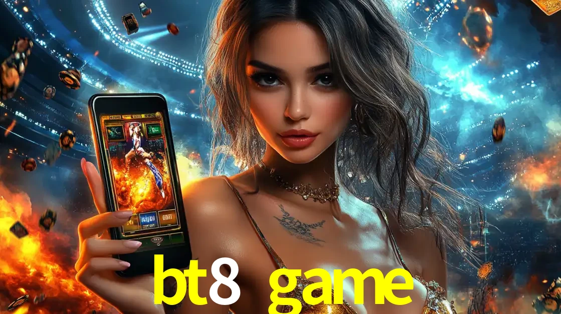 Mulher segurando um celular com um jogo de slot em destaque, tendo como fundo um estádio vibrante, simbolizando a emoção de jogar no cassino móvel bt8 game.
