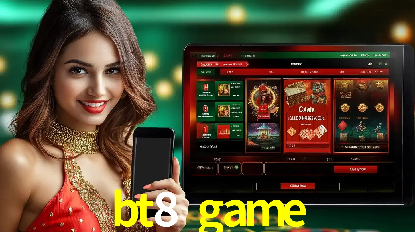Mulher sorridente segurando um smartphone, ao lado de uma tela exibindo o lobby de jogos do cassino online bt8 game, com várias opções de jogos de cartas e slots.